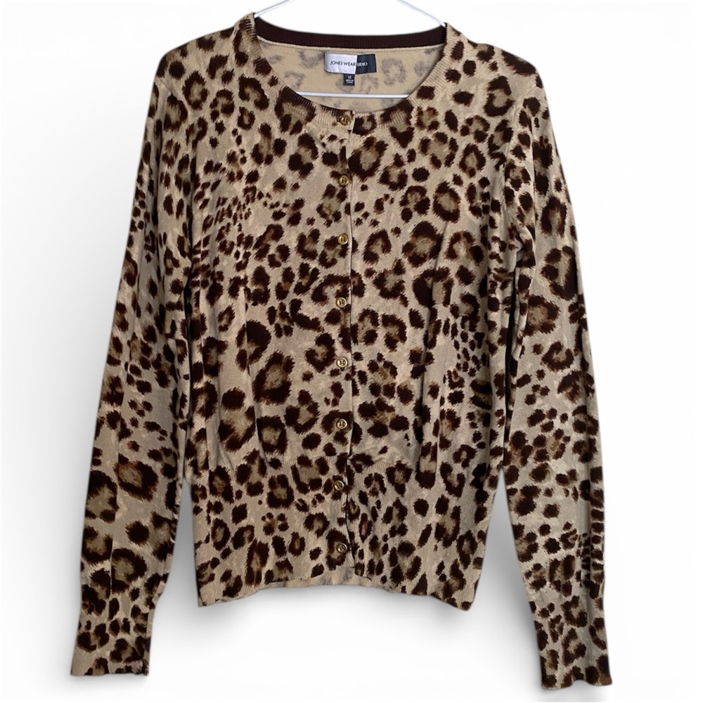 JONES NEW YORK STUDIO | Leopard Print Button-Up Cardigan | M | Brown & Tan